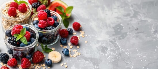 Aufkleber - Glass jars filled with appetizing oatmeal and fresh berries arranged on a neutral grey backdrop with copy space image