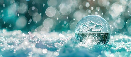 Aufkleber - Selective focus on a bluish emerald snowy background with a Christmas glass ball and icicles perfect for a copy space image
