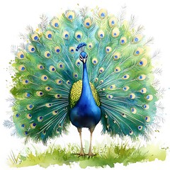 Wall Mural - Watercolor Illustration of a Peacock with its Feathers Spread.