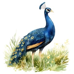 Sticker - Watercolor Illustration of a Peacock in a Lush Meadow.