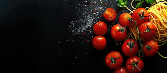 Poster - Red tomatoes and spaghetti on a black background with a copy space image available