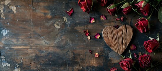 Fototapete - Heart shaped wooden decor alongside dried red roses a rustic display with copy space image