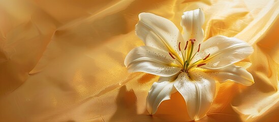 Fototapete - Minimal flat lay featuring a fresh golden lily on an abstract modern golden background presenting a luxurious summer art theme with copy space image