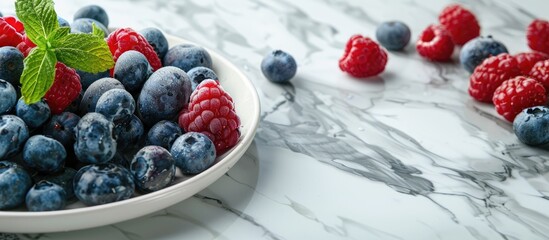 Aufkleber - Freshly washed organic blueberries and raspberries on a kitchen counter arranged in a plate for a healthy eating concept ideal for copy space image