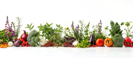 Poster - Fresh vegetables and herbs displayed on a white backdrop with copy space image available