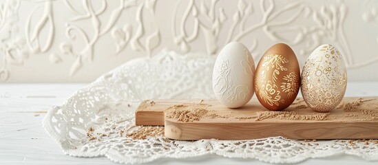 Aufkleber - Happy Easter card with three Easter eggs placed on a wooden cutting board against a white table backdrop surrounded by sawdust The arrangement includes a lace border with a golden egg offering a copy