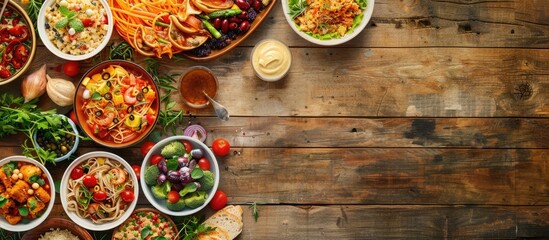 Aufkleber - Variety of wholesome meals displayed on a wooden table with copy space image