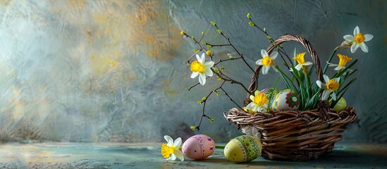 Poster - An Easter basket filled with various painted Easter eggs narcissus flowers and catkin branches creating a festive display with copy space image