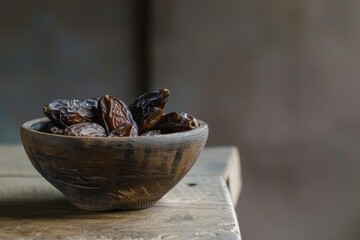 Sticker - Wooden bowl overflowing with dried dates, resting on a rustic table