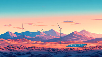 Wall Mural - flat illustration, wind turbines and a solar-panel in the desert, wind farm, desert landscape