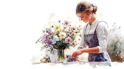 Sticker - Woman Arranging Flowers in Watercolor Style.