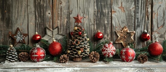 Aufkleber - Vintage Christmas decorations displayed against a rustic wooden backdrop for a nostalgic look with copy space image