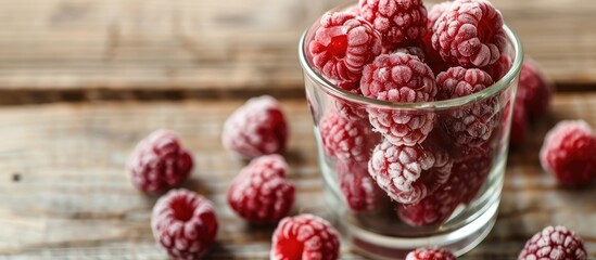 Poster - Red raspberries frozen in a glass cup on a wooden backdrop with copy space image