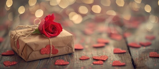 Poster - A gift box adorned with hearts and a red rose creates a surprise for a loved one on special occasions like birthdays or Valentine s Day with a blurred background for additional messages or designs