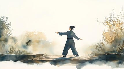 Sticker - Watercolor Illustration of a Woman Practicing Tai Chi in a Tranquil Setting.