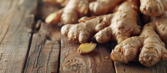 Poster - Macro shot of ginger on a wooden backdrop with ample copy space image available