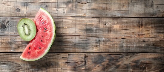 Poster - Top view of a sliced watermelon on a rustic wooden surface with available space for text embodying a summery theme in the image. Creative banner. Copyspace image