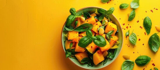 Aufkleber - Top view of a pumpkin and basil salad on a yellow backdrop with space for text or image insertion. Creative banner. Copyspace image
