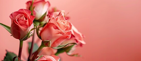 Aufkleber - Romantic concept featuring lovely rose buds on a soft pink background perfect for Valentine s Day with copy space image