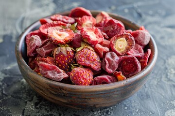 Wall Mural - Bowl of freeze dried strawberries sitting on a dark stone surface