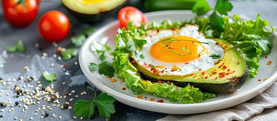 Poster - A plate with a delectable egg baked in avocado accompanied by fresh vegetables presented on a table with copy space image