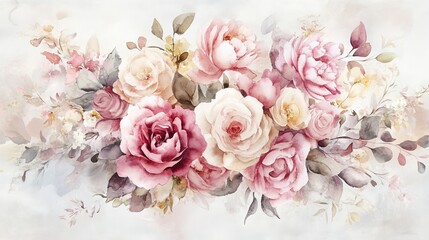 Canvas Print - Watercolor painting depicting lush bouquet of pink and white roses