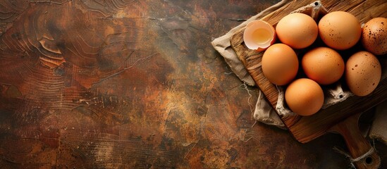 A wooden cutting board presenting farm fresh brown eggs with a copyspace image