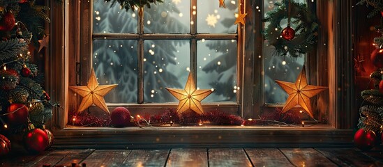 Poster - Festive window adorned with carved stars garlands and copy space image