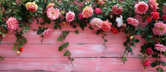 Wall Mural - Pink wooden backdrop adorned with vibrant roses and ample copy space image