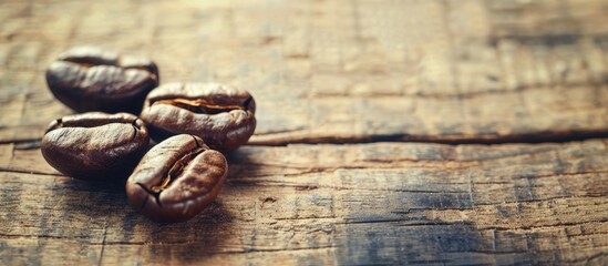 Poster - Retro vintage style coffee bean on wood background with a filter effect creating a captivating copy space image