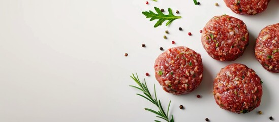 Poster - An overhead shot of homemade raw meat patties on a white background with room for text or other elements in the image. Creative banner. Copyspace image