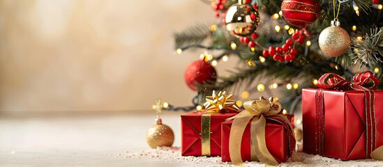 A holiday themed copy space image displaying gifts in red boxes with gold ribbons under a Christmas tree adorned with glass ornaments on a beige backdrop perfect for New Year and Christmas greetings