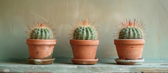 Poster - Three Echinocereus rigidissimus cacti are displayed in a pot on a shelf against a plain background in the copy space image