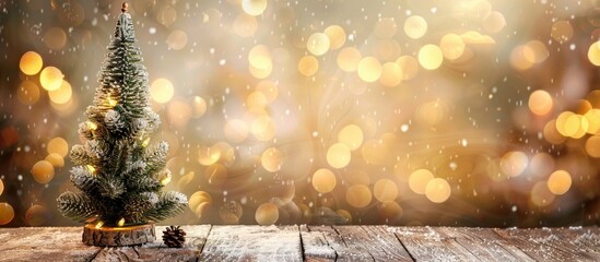 Poster - Festive Christmas backdrop featuring a xmas tree and sparkling bokeh lights on a wooden canvas with space for text Ideal for Merry Christmas cards and Happy New Year greetings. Creative banner