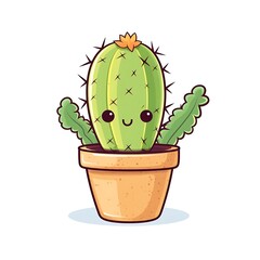 Cute cartoon cactus in a terracotta pot with friendly eyes and arms, isolated on a white background