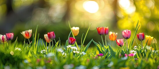 Fototapete - A vibrant meadow in spring with colorful tulips provides a natural floral setting perfect for an Easter background with ample copy space
