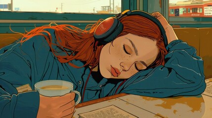 Canvas Print - A girl wearing headphones is lying on a table 