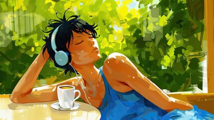 Wall Mural - A girl wearing headphones is lying on a table 