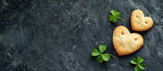 Aufkleber - Heart shaped cookies on a black stone background with a love concept symbol created in a four leaf clover perfect for using as copy space image
