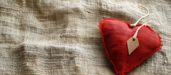 Leinwandbilder - Handmade red cloth heart on vintage linen fabric with tag label perfect for Valentine s Day Ideal for copy space image