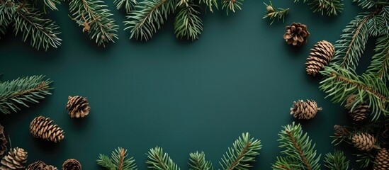 Poster - Green Christmas background with spruce branches cones and copy space image for text arranged flatly