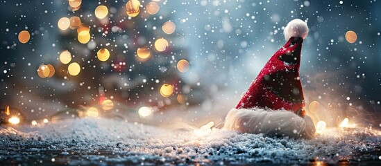 Poster - A festive Christmas and New Year background featuring a Santa hat blurred Christmas tree and holiday decorations set against a snowy dark toned backdrop with fog perfect for a copy space image
