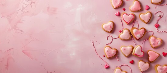 Canvas Print - Valentine s theme with heart shaped cookies on a pink surface displayed as a flat lay with copy space image for text placement