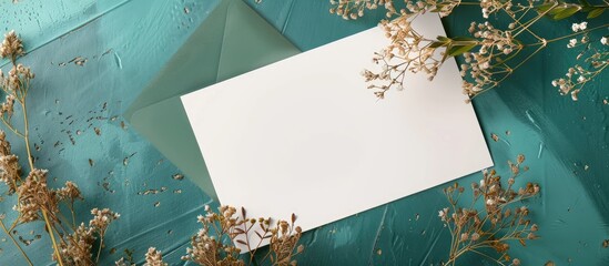 Aufkleber - Mockup featuring a white card a craft envelope and a dry flowering plant on a green surface viewed from above with space for adding images or text. Creative banner. Copyspace image