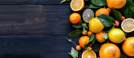 Poster - Fruits like lemons and tangerines arranged on a black wooden table as a backdrop for a copy space image