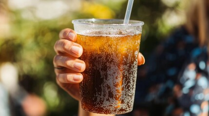 Poster - A hand holds a clear cup filled with a dark, bubbly beverage, sparkling in the sunlight at an outdoor setting.