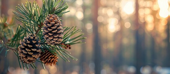 Poster - Selective focus on a pine branch with cones set against a blurred tree forest background creating a Christmas themed copy space image