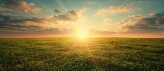 Fototapete - A banner on a green lawn is showcased in a studio shot with a rising sun against a backdrop of a warm blue sky offering ample copy space image