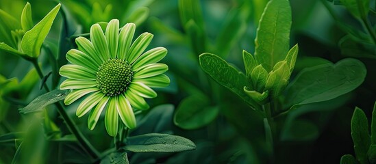 Wall Mural - A green daisy flower in a nature image with a blank area for text. Creative banner. Copyspace image