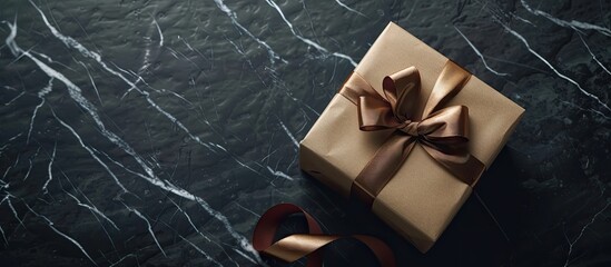 Leinwandbilder - Top view of a gift box placed on a black marble surface with empty space for text or images in the background. Creative banner. Copyspace image